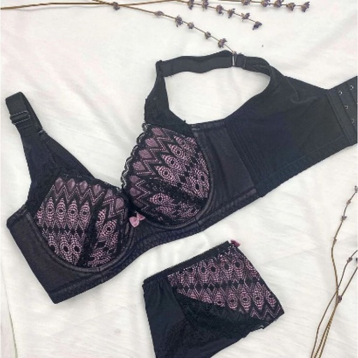 #519S 集中包覆 收副乳 深V型蕾絲功能內衣 (套裝) - 深藍 (副本)